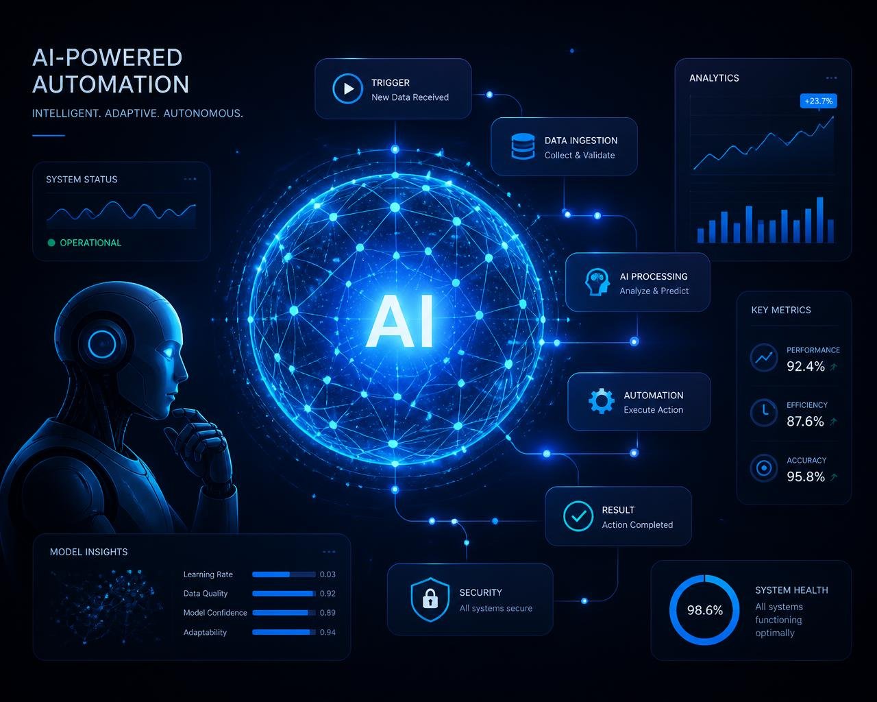 Illustration of an AI neural network orb connected to automation workflow nodes and analytics dashboards
