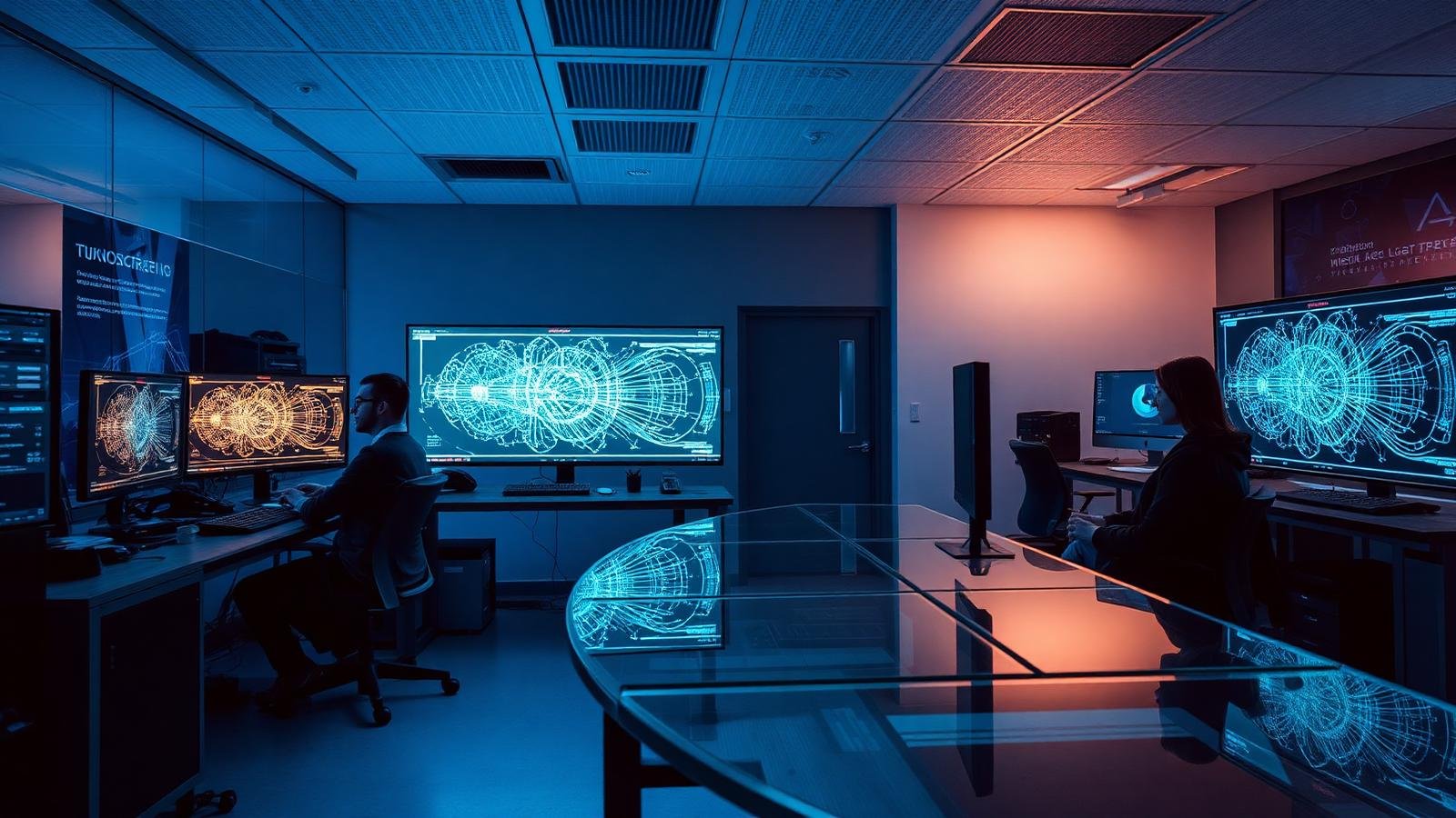 Researchers reviewing abstract AI model visualisations on large displays inside a modern laboratory